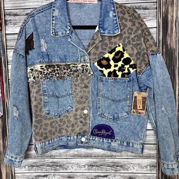 Recycled UpCycled Vintage NWOT Tito’s Crown Royal Denim Jean Jacket Gypsy Hippie - Picture 2 of 7